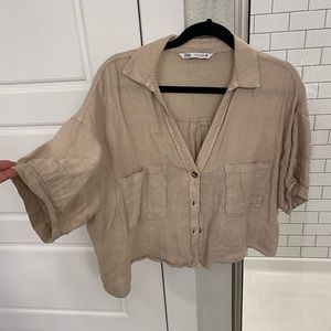 ZARA cropped linen button up shirt